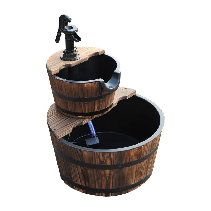 Outsunny Fuente de Agua de Madera Fuente de Jardín en Cascada de 2 Niveles con Bomba Eléctrica y Salida de Agua Ajustable para Decoración Patio Terraza 44,5x44,5x58,5 cm Natural