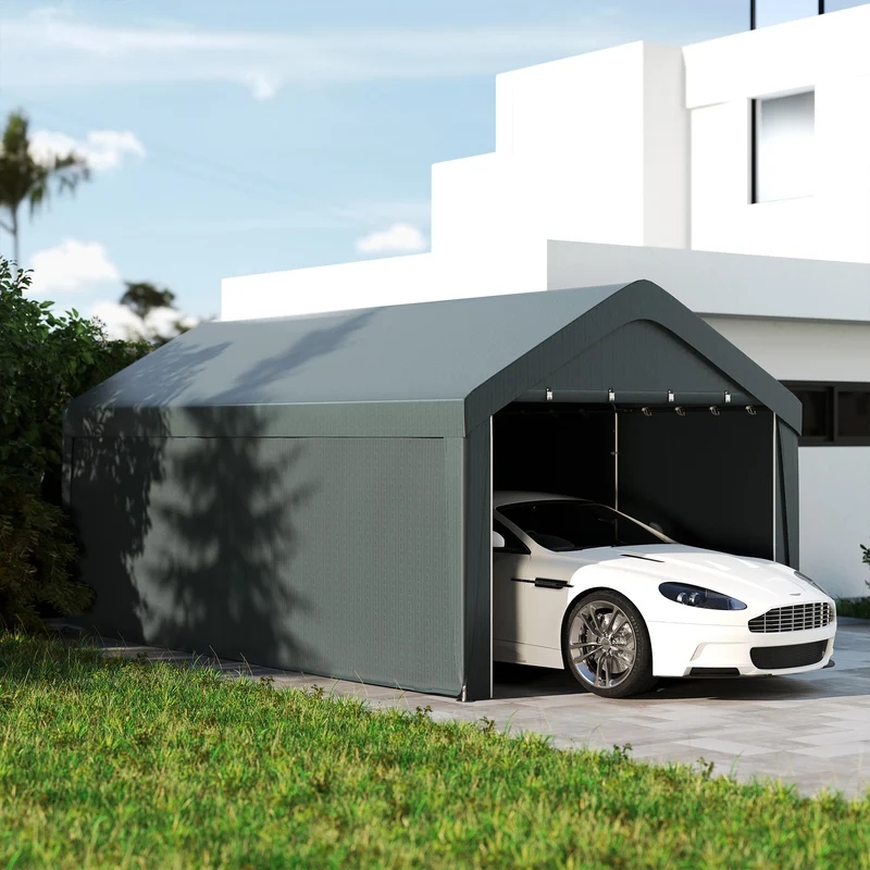 Outsunny Carpa Garaje 6x3 m Garaje Exterior para Coche Impermeable Cobertizo de Exterior Anti-UV con Paredes Laterales Desmontables y 2 Puertas con Cremallera Gris Oscuro