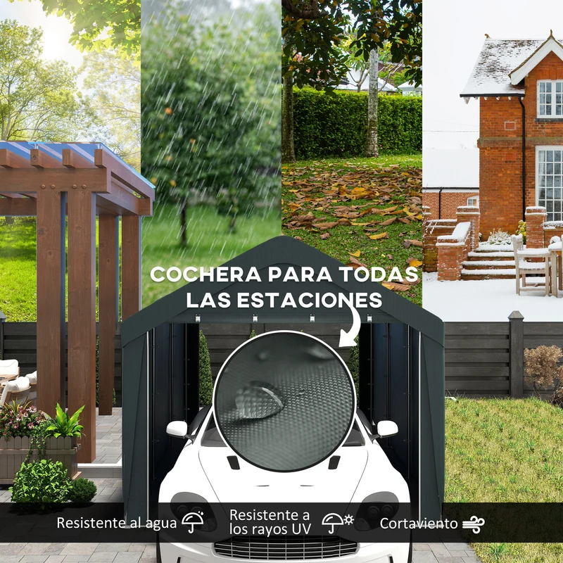 Outsunny Carpa Garaje 6x3 m Garaje Exterior para Coche Impermeable Cobertizo de Exterior Anti-UV con Paredes Laterales Desmontables y 2 Puertas con Cremallera Gris Oscuro