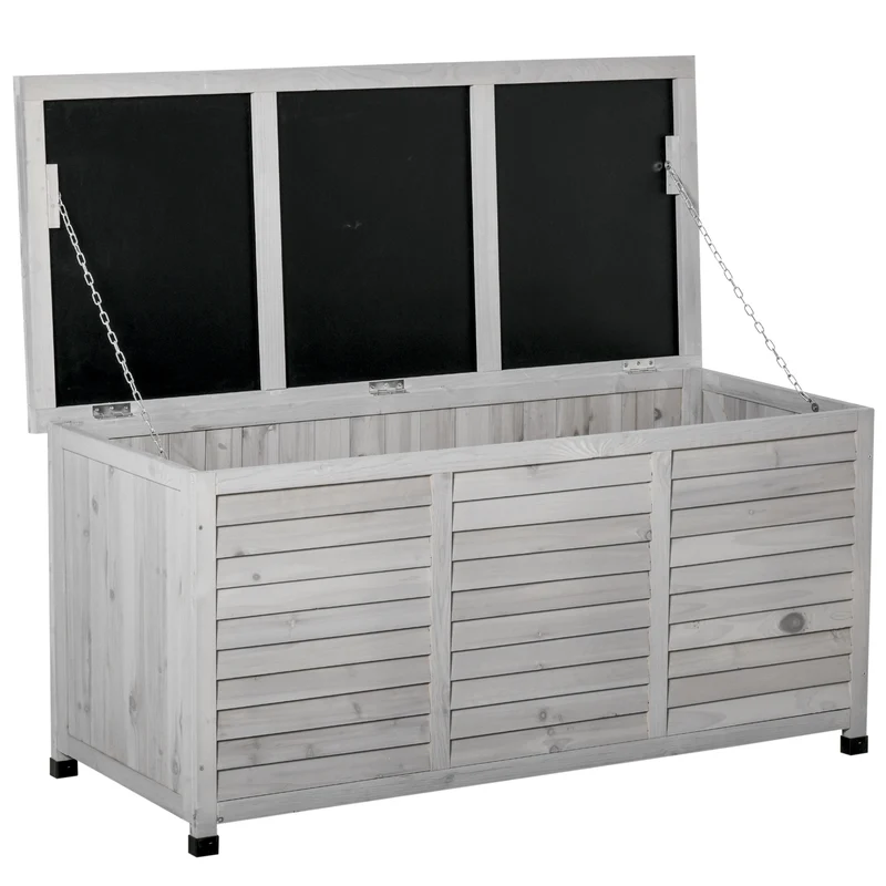 Outsunny Baúl de Almacenaje Exterior 284L Arcón de Jardín de Madera Impermeable con Tapa Abrible y Diseño Persiana 127x56x60 cm Gris