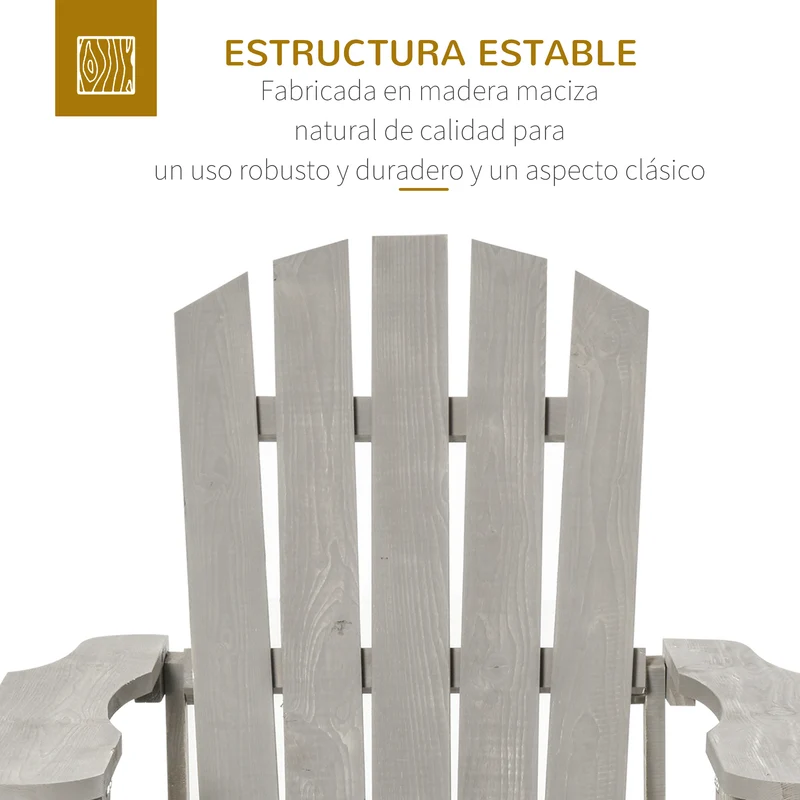 Outsunny Silla Adirondack de Madera Silla de Jardín con Asiento Extra Ancho Carga 150 kg para Patio Terraza Balcón 78x89x88 cm Gris Claro