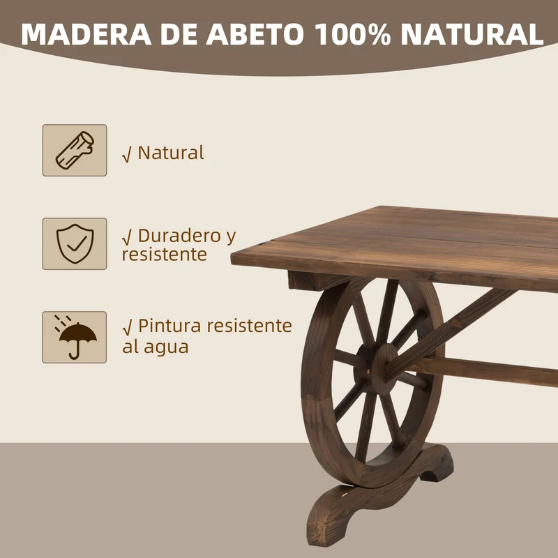 Outsunny Mesa de Jardín de Madera Mesa de Terraza Exterior 110x60x65 cm con Patas en Forma de Rueda Carga 100 kg Mesa para Exterior Patio Madera Carbonizada