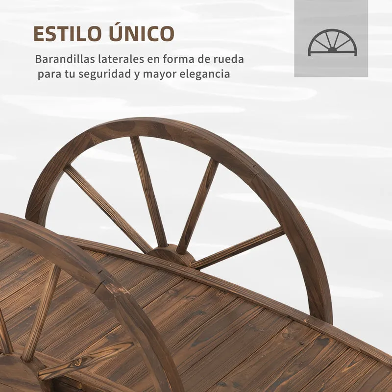 Outsunny Puente de Jardín Puente de Madera con Barandillas en Forma de Rueda Puente para Estanque Carga 150 kg Puente Decorativo para Patio 100x50x37 cm Madera Carbonizada
