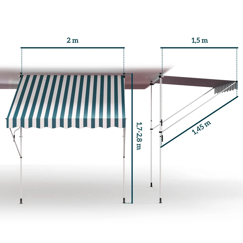 Outsunny Toldo Manual Retráctil 2x1,5 m Toldo Exterior Terraza Enrollable Altura Ajustable con Manivela 170-280 cm Sin Taladro para Balcón Jardín Verde y Blanco