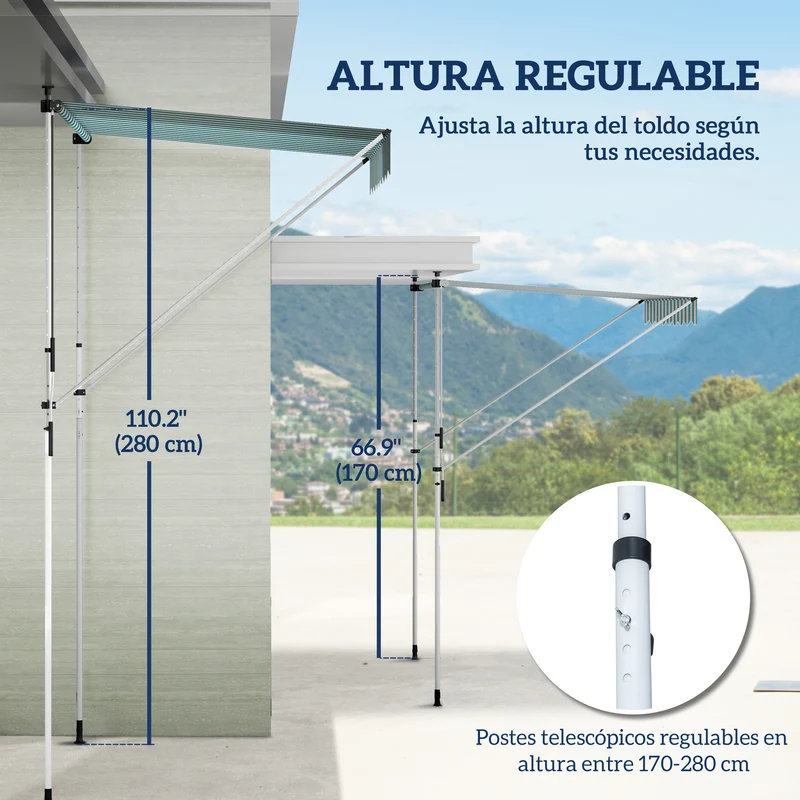 Outsunny Toldo Manual Retráctil 2x1,5 m Toldo Exterior Terraza Enrollable Altura Ajustable con Manivela 170-280 cm Sin Taladro para Balcón Jardín Verde y Blanco