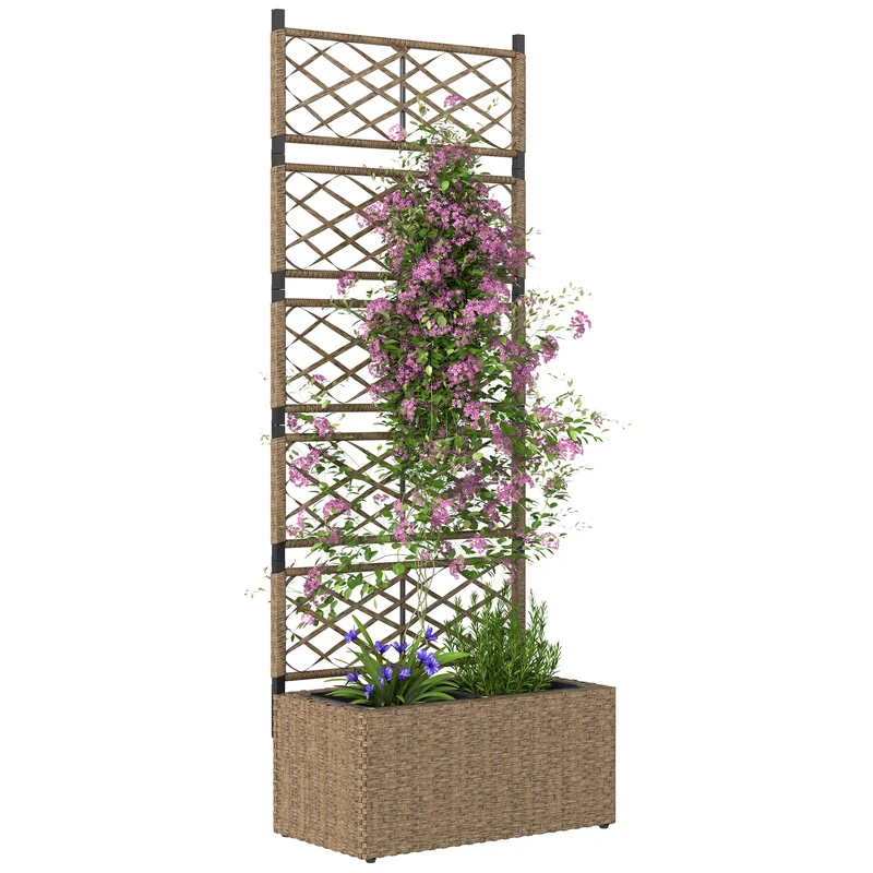 Outsunny Jardinera con Enrejado de Ratán Jardinera Exterior Grande con Enrejado 2 Macetas Extraíbles para Plantas Trepadoras para Jardín Patio Terraza 57x30x150 cm Natural