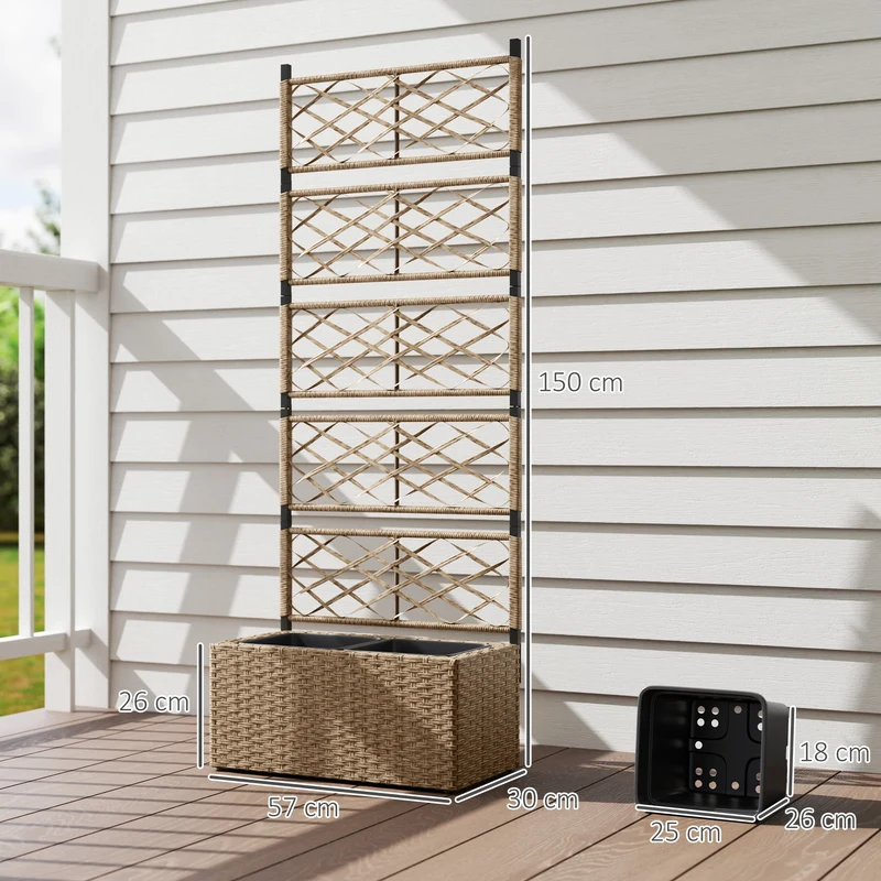 Outsunny Jardinera con Enrejado de Ratán Jardinera Exterior Grande con Enrejado 2 Macetas Extraíbles para Plantas Trepadoras para Jardín Patio Terraza 57x30x150 cm Natural