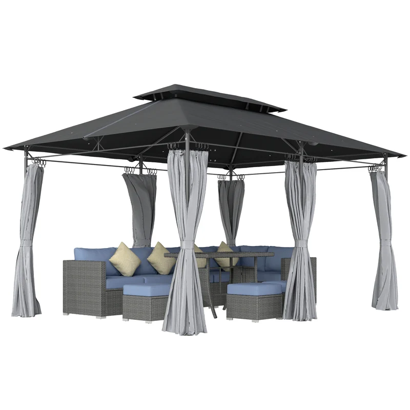 Outsunny Cenador para Jardín 4x3 m Pérgola de Jardín Gazebo con Doble Techo Paredes Laterales Resistente al Agua Carpa para Exterior Terraza Patio Gris Oscuro
