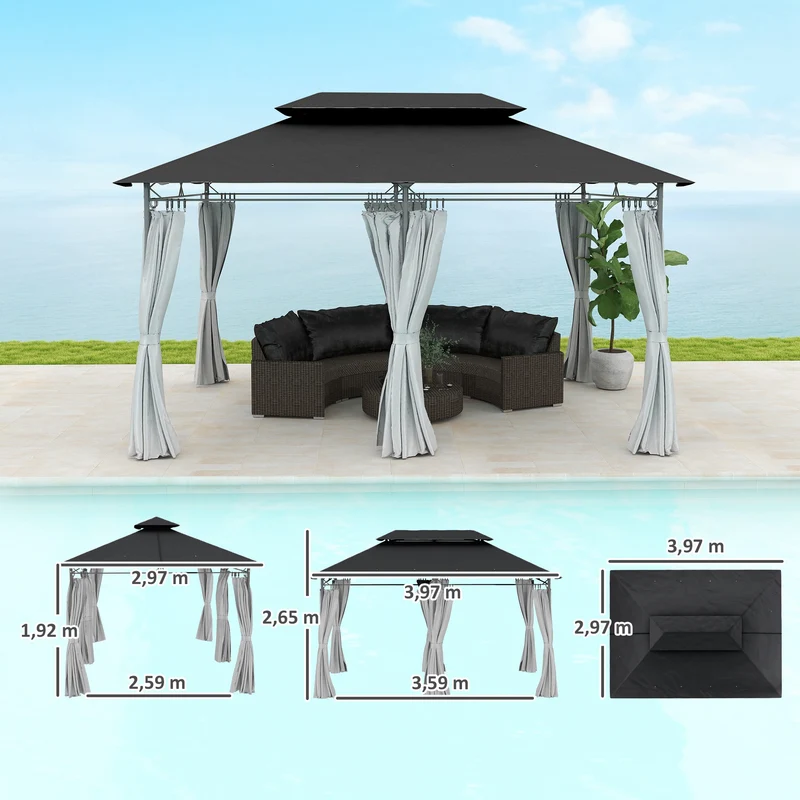 Outsunny Cenador para Jardín 4x3 m Pérgola de Jardín Gazebo con Doble Techo Paredes Laterales Resistente al Agua Carpa para Exterior Terraza Patio Gris Oscuro