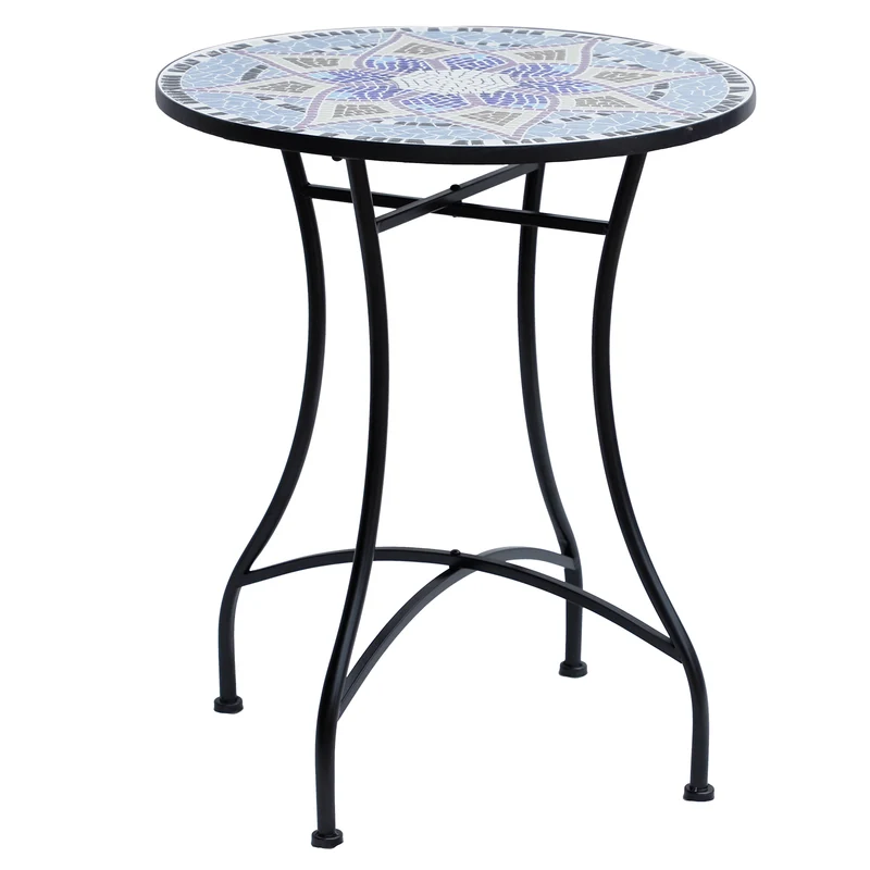 Outsunny Mesa de Jardín Redonda Mesa de Terraza Exterior Ø60x71 cm con Encimera de Mosaico Decorativo Carga 100 kg Mesa para Exterior Patio Azul y Blanco