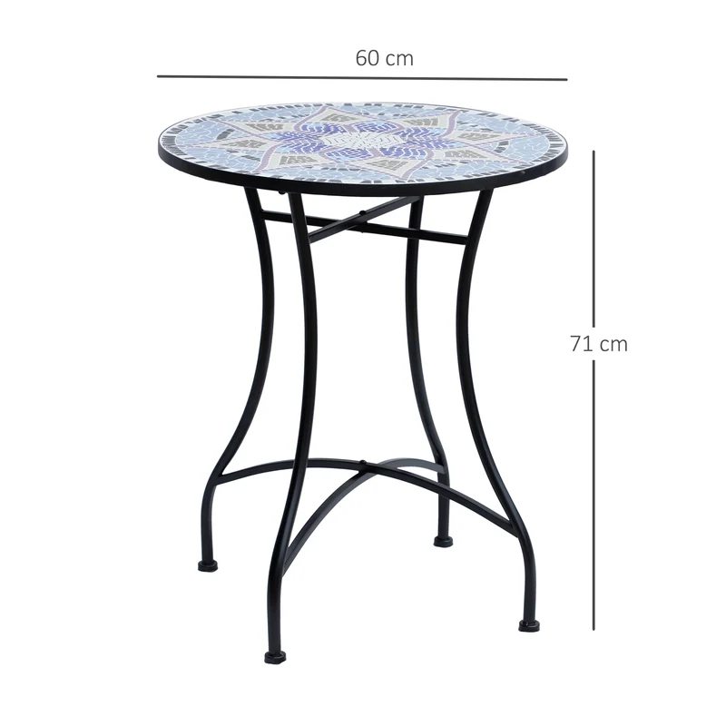Outsunny Mesa de Jardín Redonda Mesa de Terraza Exterior Ø60x71 cm con Encimera de Mosaico Decorativo Carga 100 kg Mesa para Exterior Patio Azul y Blanco