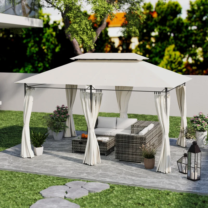 Outsunny Cenador para Jardín 4x3 m Pérgola de Jardín Gazebo con Doble Techo Paredes Laterales Resistente al Agua Carpa para Exterior Terraza Patio Crema