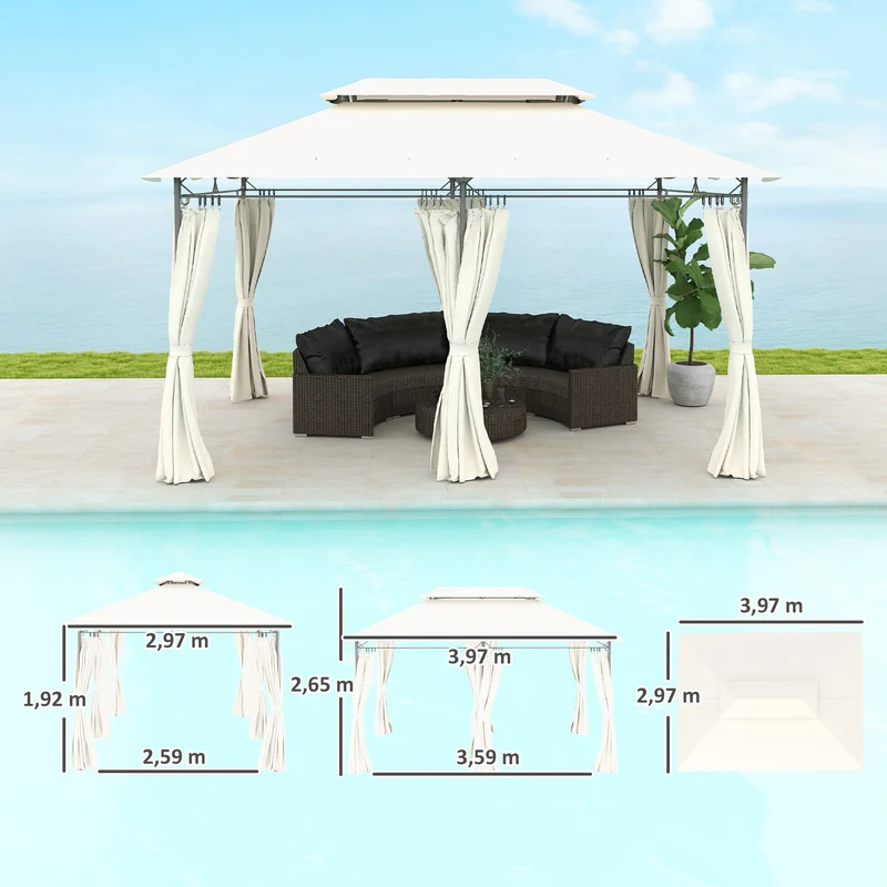 Outsunny Cenador para Jardín 4x3 m Pérgola de Jardín Gazebo con Doble Techo Paredes Laterales Resistente al Agua Carpa para Exterior Terraza Patio Crema