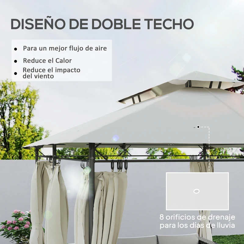 Outsunny Cenador para Jardín 4x3 m Pérgola de Jardín Gazebo con Doble Techo Paredes Laterales Resistente al Agua Carpa para Exterior Terraza Patio Crema