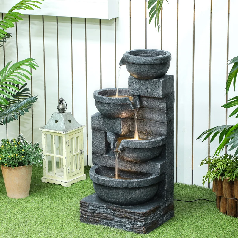 Outsunny Fuente de Agua Fuente de Jardín con Iluminación LED Fuente Decorativa en Cascada de 4 Niveles para Jardín Patio Terraza 38x35x78,5 cm Gris
