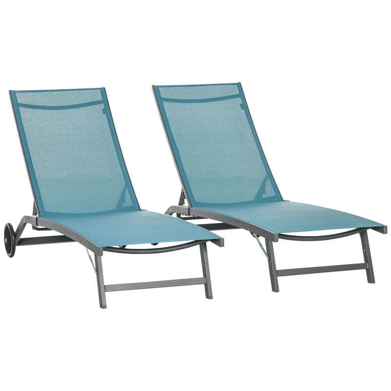 Outsunny Pack de 2 Tumbonas de Jardín Exterior Tumbonas Reclinables de Aluminio con Respaldo Ajustable de 5 Niveles y Ruedas para Playa Piscina 165x66x102 cm Azul y Gris