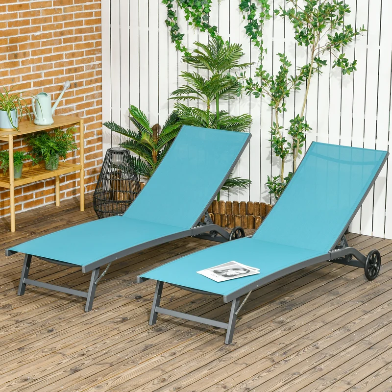 Outsunny Pack de 2 Tumbonas de Jardín Exterior Tumbonas Reclinables de Aluminio con Respaldo Ajustable de 5 Niveles y Ruedas para Playa Piscina 165x66x102 cm Azul y Gris