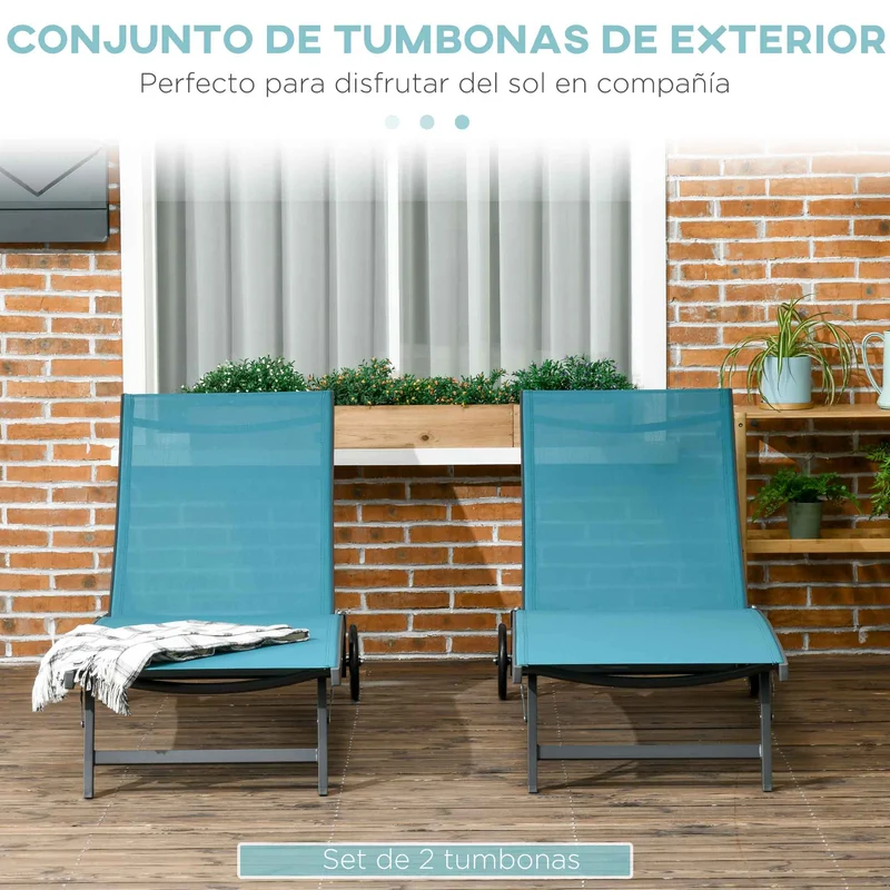 Outsunny Pack de 2 Tumbonas de Jardín Exterior Tumbonas Reclinables de Aluminio con Respaldo Ajustable de 5 Niveles y Ruedas para Playa Piscina 165x66x102 cm Azul y Gris