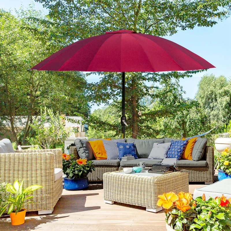 Outsunny Sombrilla Terraza Exterior Ø250 cm Sombrilla de Jardín con Ángulo Inclinable 18 Varillas y Manivela Impermeable Parasol para Patio Terraza Burdeos