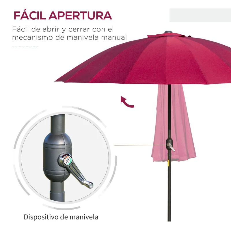 Outsunny Sombrilla Terraza Exterior Ø250 cm Sombrilla de Jardín con Ángulo Inclinable 18 Varillas y Manivela Impermeable Parasol para Patio Terraza Burdeos