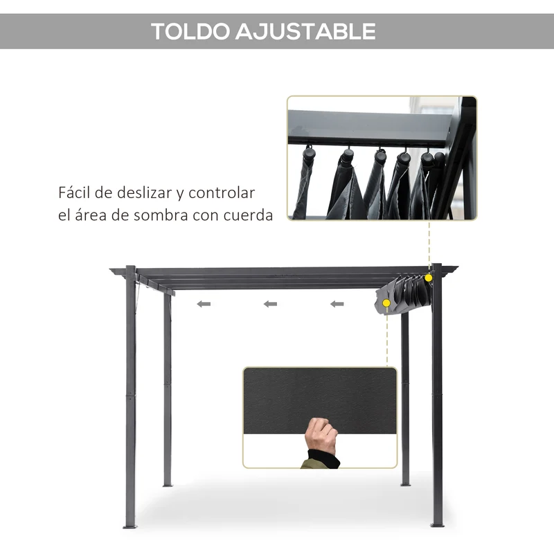 Outsunny Pérgola con Techo Retráctil Pérgola de Aluminio 3x3 m Cenador con Tela de Poliéster Resistente al Agua Anti-UV Pabellón para Jardín Patio Terraza Exterior Gris
