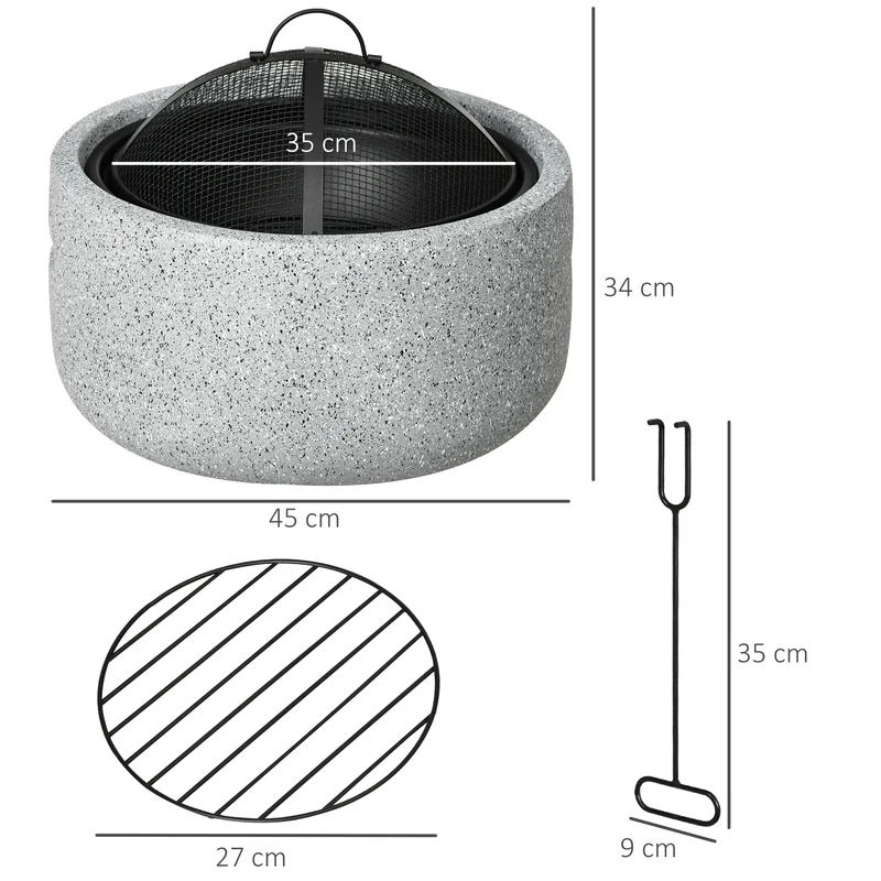 Outsunny Brasero Exterior Redondo Brasero Exterior Jardín con Atizador Protector de Chispas Rejilla y Manija Ø45x34 cm para Terraza Camping Fiesta Gris