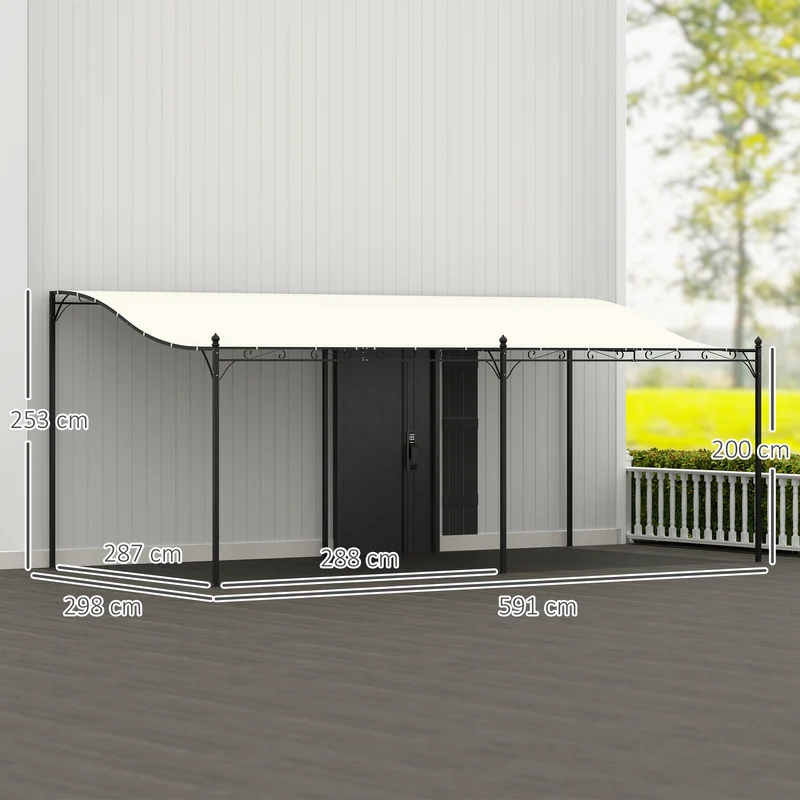 Outsunny Pérgola de Pared 6x3 m Cenador Gazebo con Techo de Poliéster Impermeable y Estructura Metálica Pabellón para Patio Terraza Balcón Crema