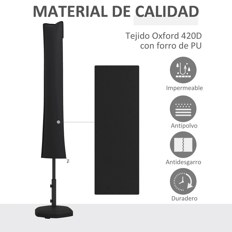 Outsunny Funda para Sombrilla de Jardín Funda para Parasol Impermeable Tela Oxford 420D Cubierta de Parasol con Cremallera para Jardín Exterior 178x25/35 cm Negro