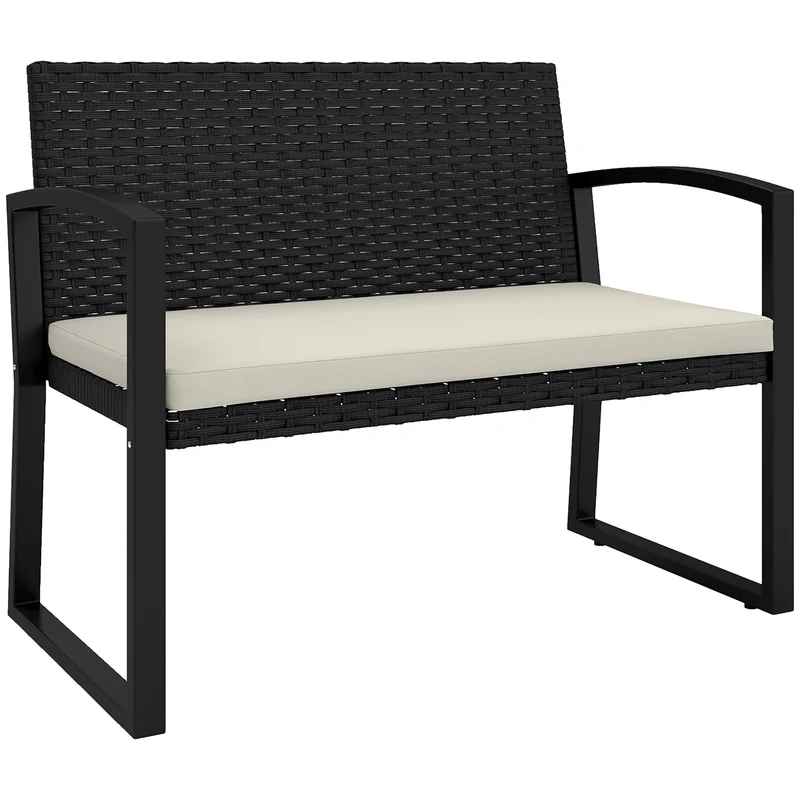 Outsunny Banco de Jardín de Ratán Sintético de 2 Plazas Banco de Exterior con Cojín y Reposabrazos Carga 240 kg para Terraza Patio 103x58x78 cm Negro y Beige