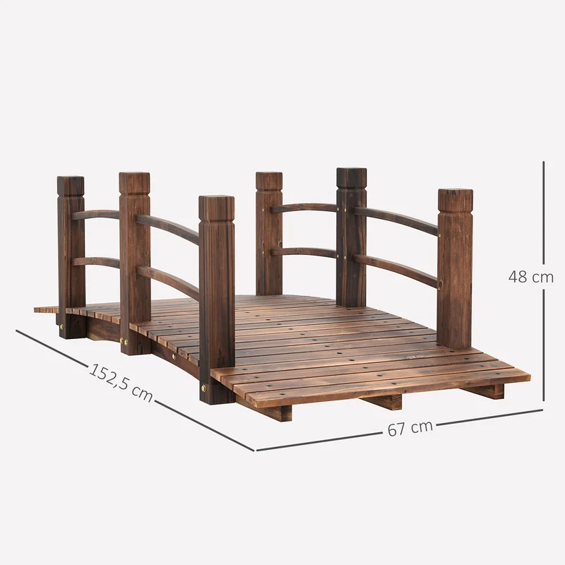 Outsunny Puente de Jardín Puente de Madera con Barandilla Puente para Estanque Carga 181 kg Puente Decorativo para Patio 152,5x67x48 cm Madera Carbonizada