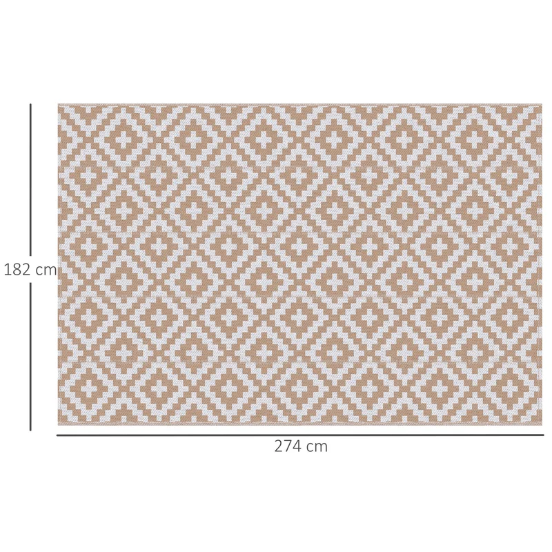 Outsunny Alfombra de Exterior 182x274 cm Alfombra Reversible con Patrón Geométrico de Rombos Impermeable para Terraza Balcón Patio Camping Playa Blanco y Café