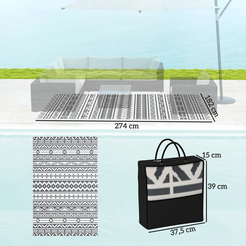 Outsunny Alfombra de Exterior 182x274 cm Alfombra Reversible con Patrón de Geométrico de Cenefa Impermeable Bolsa de Transporte para Terraza Balcón Patio Camping Playa Gris Oscuro