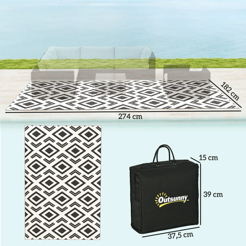 Outsunny Alfombra de Exterior 182x274 cm Alfombra Reversible con Patrón Geométrico de Rombos Impermeable Bolsa de Transporte para Terraza Balcón Patio Camping Playa Blanco y Negro