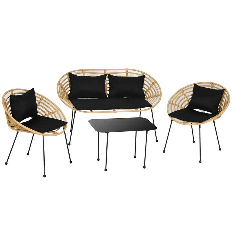 Outsunny Conjunto de Jardín Exterior de Ratán Sintético de 4 Piezas Muebles de Jardín Exterior Incluye 1 Sofá Doble 2 Sillones y Mesa de Vidrio con Cojines Natural y Negro