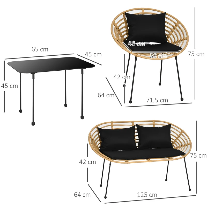 Outsunny Conjunto de Jardín Exterior de Ratán Sintético de 4 Piezas Muebles de Jardín Exterior Incluye 1 Sofá Doble 2 Sillones y Mesa de Vidrio con Cojines Natural y Negro