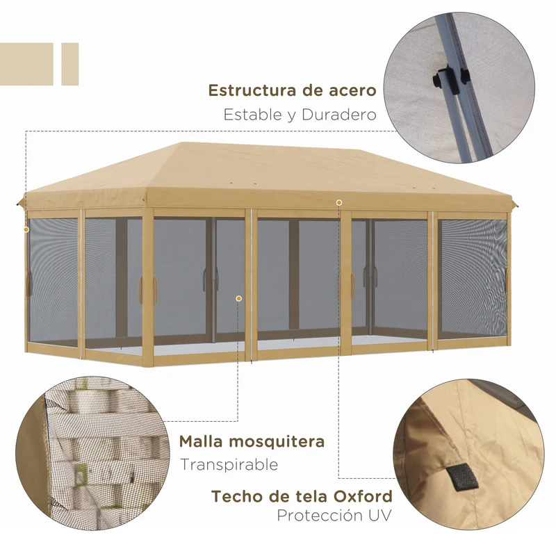Outsunny Carpa Plegable Pop-Up Gazebo 6x3 m Cenador Plegable con 6 Paredes Laterales de Malla Anti-UV y Bolsa de Transporte para Camping Fiestas Beige