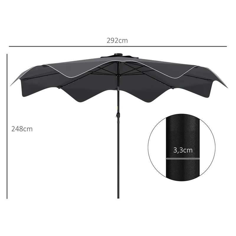 Outsunny Sombrilla de Jardín Ø292x248 cm Parasol de Terraza Manual con 32 Luces LED Solares 8 Varillas Ángulo Ajustable Impermeable y Rejillas de Ventilación para Patio Balcón Gris Oscuro