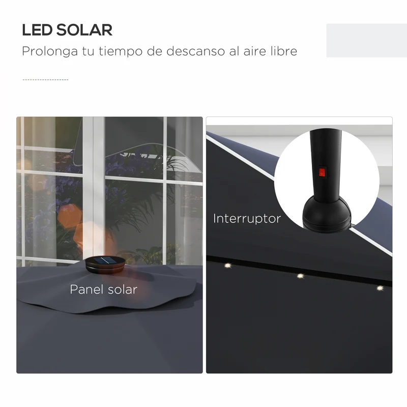 Outsunny Sombrilla de Jardín Ø292x248 cm Parasol de Terraza Manual con 32 Luces LED Solares 8 Varillas Ángulo Ajustable Impermeable y Rejillas de Ventilación para Patio Balcón Gris Oscuro