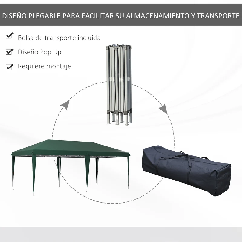 Outsunny Carpa Plegable Gazebo 6x3 m Cenador Plegable con Altura Ajustable en 3 Niveles Toldo Anti-UV y Bolsa de Transporte para Camping Fiestas Verde