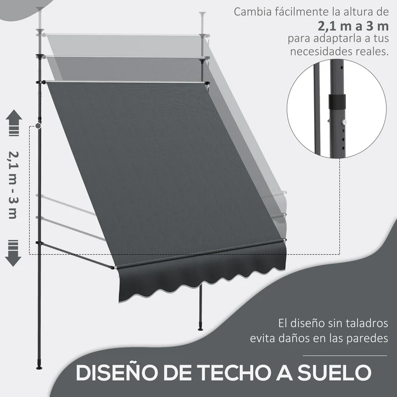 Outsunny Toldo Manual Retráctil 2x1,2 m Toldo Exterior Terraza Enrollable Altura Ajustable con Manivela 210-300 cm Sin Taladro Protección UV30+ para Balcón Jardín Gris Oscuro