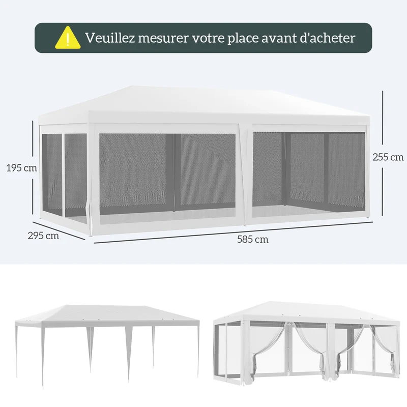 Outsunny Carpa de Jardín 6x3 m Carpa para Fiesta Cenador Desmontable Exterior con 6 Mosquiteras Laterales 2 Puertas con Cremallera Impermeable Pabellón Gazebo para Terraza Patio Playa Blanco