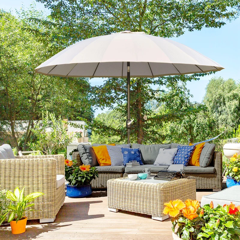 Outsunny Sombrilla Terraza Exterior Ø250 cm Sombrilla de Jardín con Ángulo Inclinable 18 Varillas y Manivela Impermeable Parasol para Patio Terraza Crema