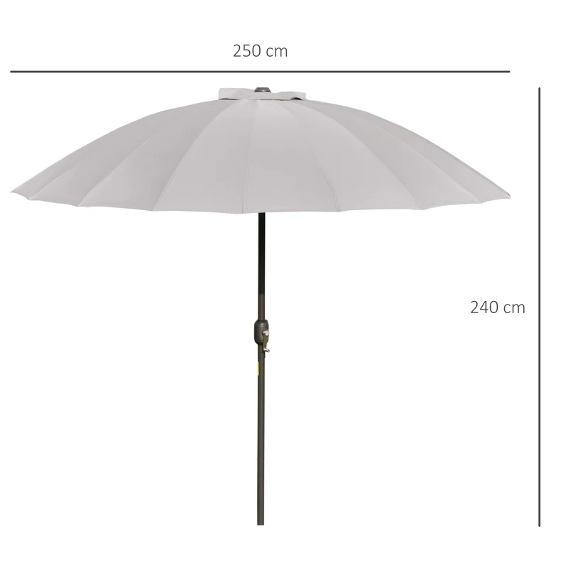 Outsunny Sombrilla Terraza Exterior Ø250 cm Sombrilla de Jardín con Ángulo Inclinable 18 Varillas y Manivela Impermeable Parasol para Patio Terraza Gris Claro