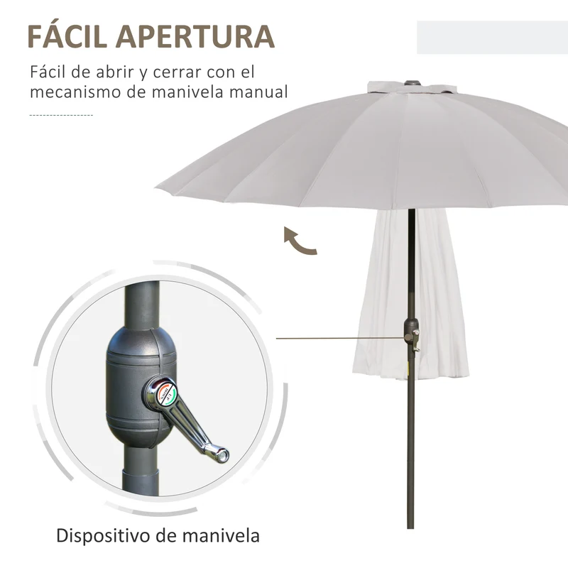 Outsunny Sombrilla Terraza Exterior Ø250 cm Sombrilla de Jardín con Ángulo Inclinable 18 Varillas y Manivela Impermeable Parasol para Patio Terraza Gris Claro