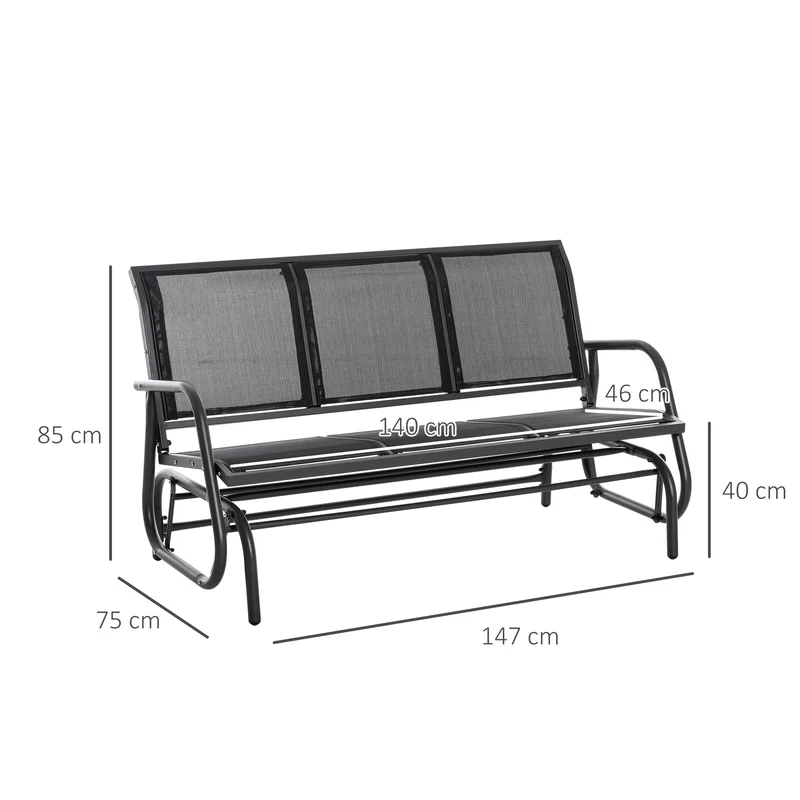 Outsunny Banco de Jardín Exterior de 3 Plazas Mecedora de Exterior con Reposabrazos Carga 300 kg para Terraza Balcón Patio 147x75x85 cm Negro