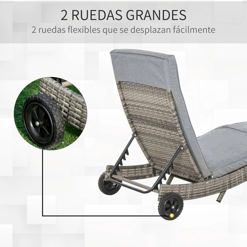 Outsunny Tumbona de Ratán Reclinable Tumbona de Jardín en Forma de S con 2 Ruedas Respaldo Ajustable en 5 Posiciones y Cojín Extraíble para Patio Terraza 207x70x70 cm Gris