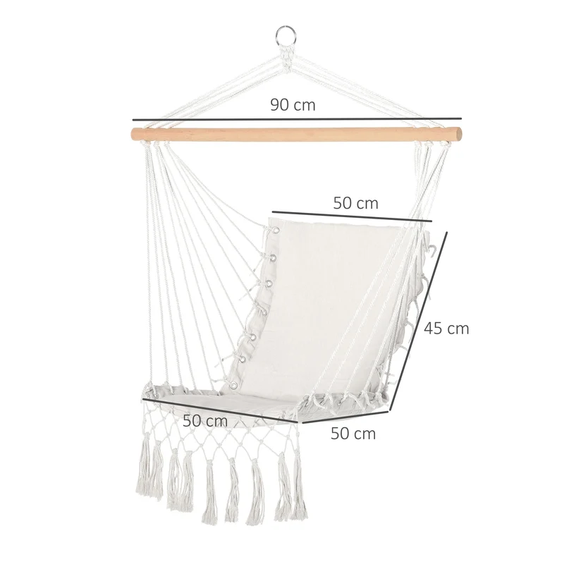 Outsunny Silla Colgante con Borlas Silla Columpio de Algodón Carga 120 kg Sillón Colgante Estilo Moderno para Interior y Exterior Blanco