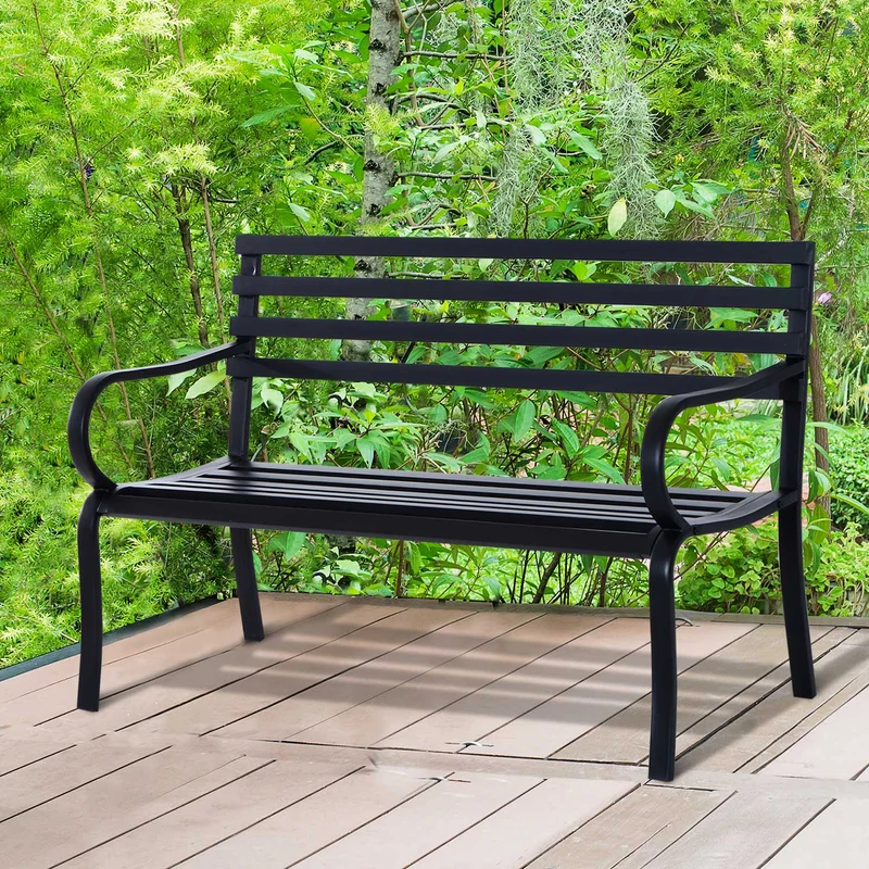 Outsunny Banco de Jardín de Metal Banco de Exterior de 2 Plazas con Reposabrazos Carga 240 kg para Patio Terraza 127x58x82 cm Negro