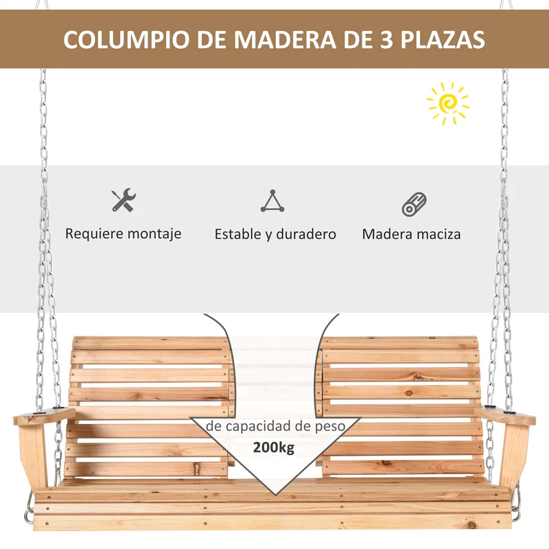 Outsunny Banco Columpio de 2-3 Plazas Banco Colgante de Madera con Mesa de Centro Plegable 2 Portavasos y Reposabrazos Carga 200 kg para Jardín Terraza Balcón 150x75x53 cm Natural