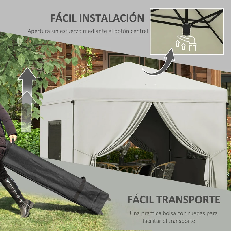 Outsunny Carpa Plegable Pop-Up 3x3 m Cenador de Jardín con 4 Paredes Laterales 2 Ventanas de Malla Altura Ajustable Bolsa de Transporte Impermeable y Anti-UV para Camping Fiestas Blanco